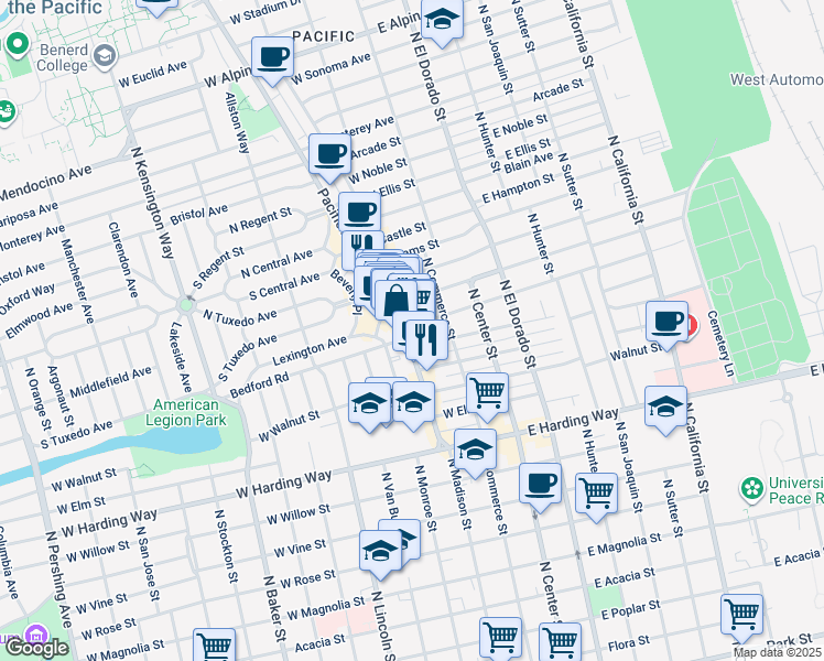 map of restaurants, bars, coffee shops, grocery stores, and more near 129 West Wyandotte Street in Stockton