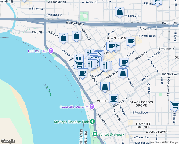 map of restaurants, bars, coffee shops, grocery stores, and more near 2 Southeast 2nd Street in Evansville