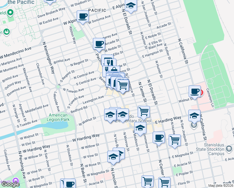 map of restaurants, bars, coffee shops, grocery stores, and more near 209 Dorris Place in Stockton