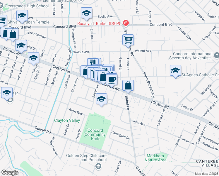 map of restaurants, bars, coffee shops, grocery stores, and more near 3510 Clayton Road in Concord