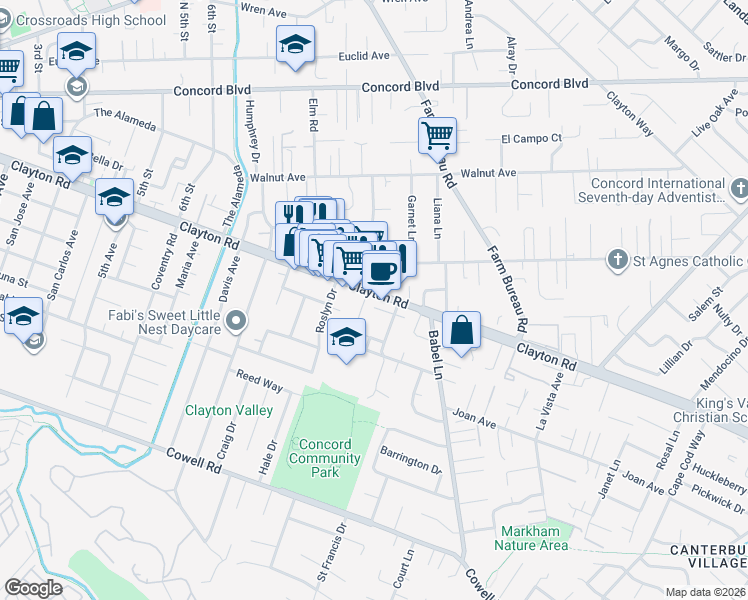 map of restaurants, bars, coffee shops, grocery stores, and more near 3510 Clayton Road in Concord