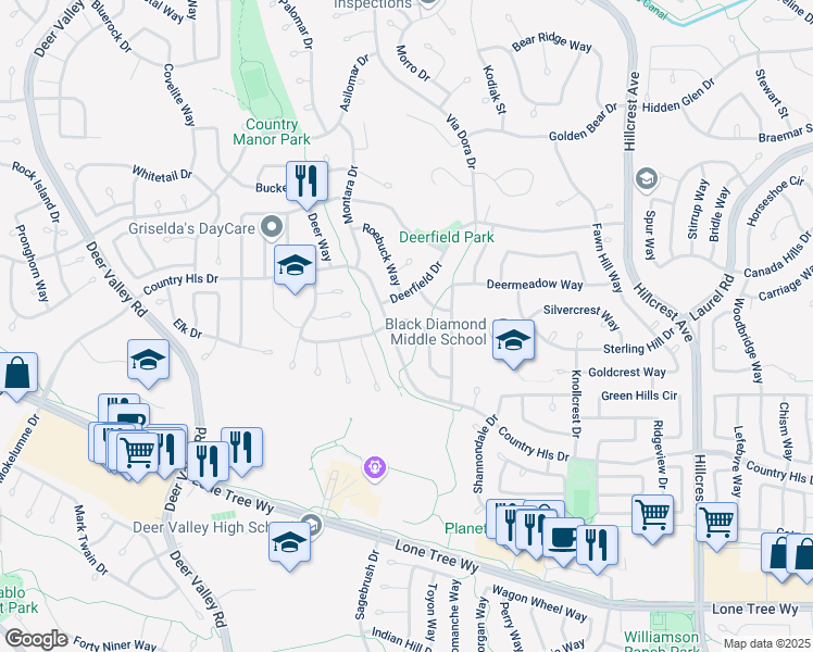 map of restaurants, bars, coffee shops, grocery stores, and more near 4420 Wolverine Way in Antioch