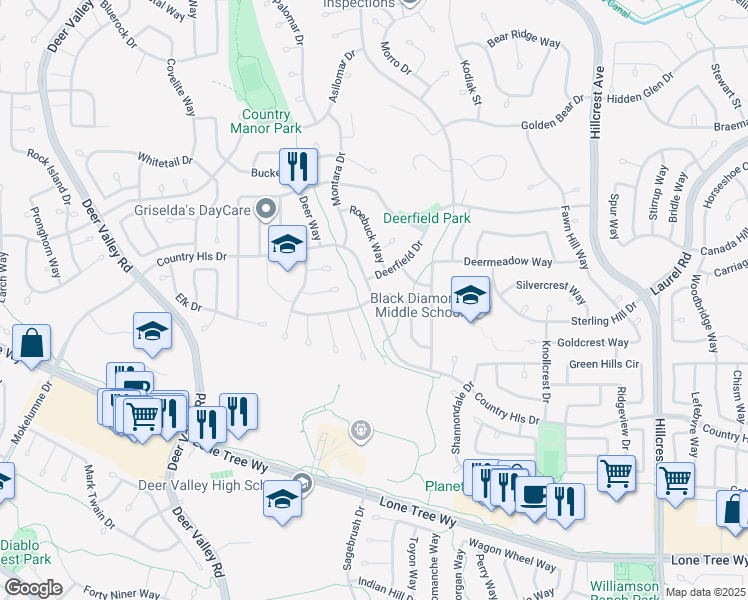 map of restaurants, bars, coffee shops, grocery stores, and more near Country Hills Drive & Wolverine Way in Antioch