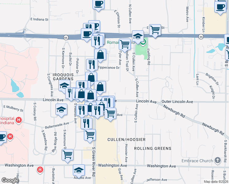 map of restaurants, bars, coffee shops, grocery stores, and more near 5050 Lincoln Avenue in Evansville