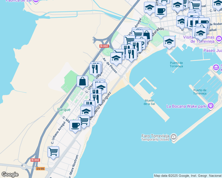 map of restaurants, bars, coffee shops, grocery stores, and more near 8 Avenida Desiderio Rodríguez in Torrevieja