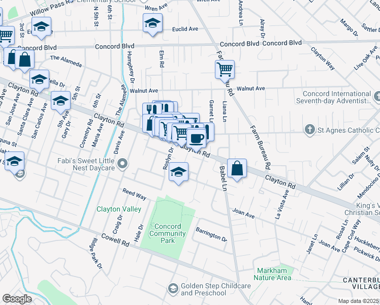 map of restaurants, bars, coffee shops, grocery stores, and more near 1480 Julia Lane in Concord