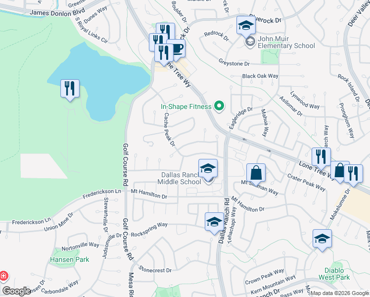 map of restaurants, bars, coffee shops, grocery stores, and more near 4810 Belford Peak Way in Antioch