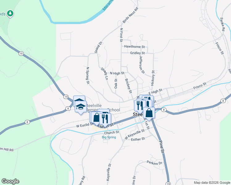 map of restaurants, bars, coffee shops, grocery stores, and more near 116 Oak Street in Steelville