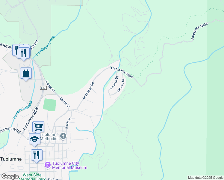 map of restaurants, bars, coffee shops, grocery stores, and more near 19221 Sunrise Drive in Tuolumne