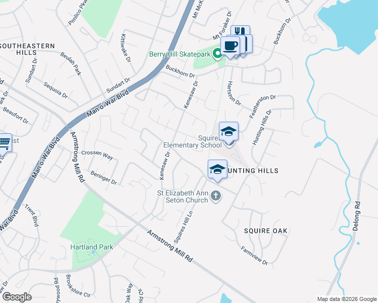 map of restaurants, bars, coffee shops, grocery stores, and more near 1636 Prairie Circle in Lexington