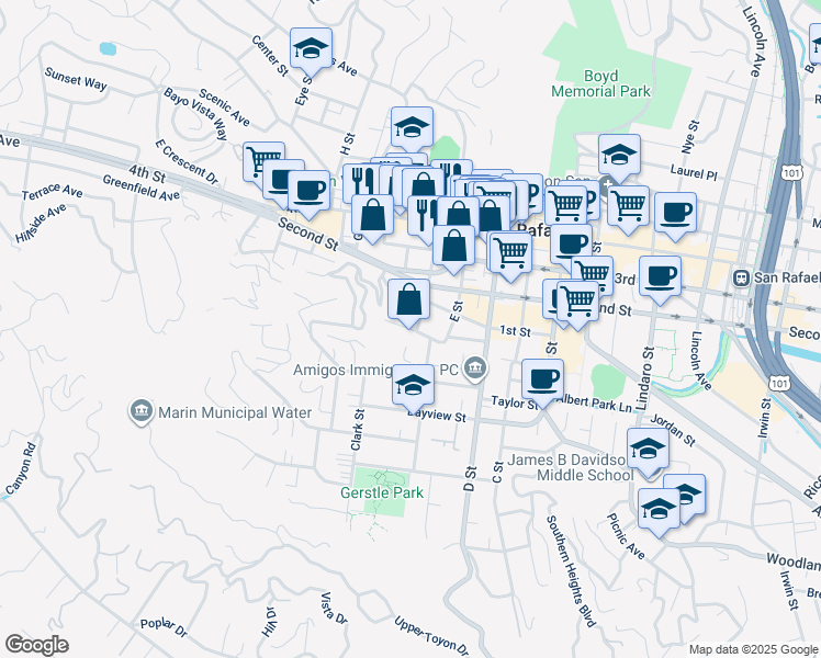 map of restaurants, bars, coffee shops, grocery stores, and more near Clayton Street in San Rafael