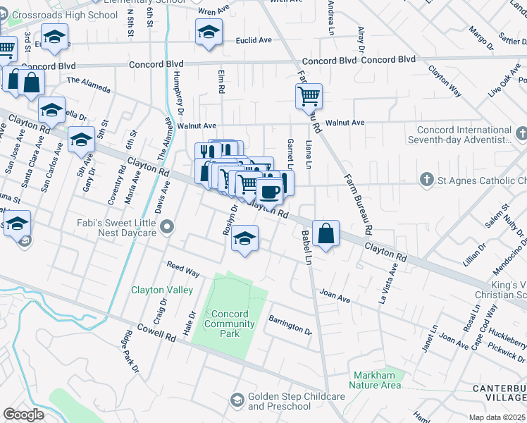 map of restaurants, bars, coffee shops, grocery stores, and more near 3531 Clayton Road in Concord