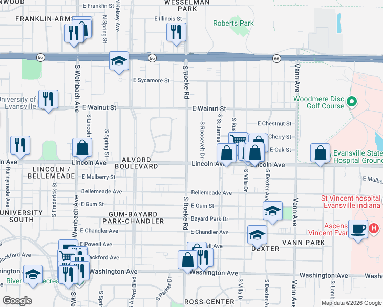 map of restaurants, bars, coffee shops, grocery stores, and more near 517 South Boeke Road in Evansville
