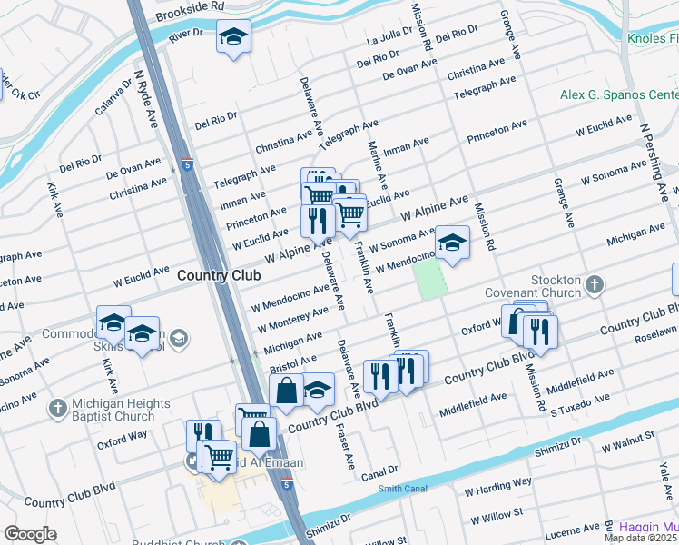 map of restaurants, bars, coffee shops, grocery stores, and more near 2194 West Alpine Avenue in Stockton