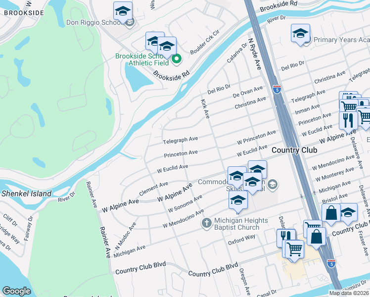 map of restaurants, bars, coffee shops, grocery stores, and more near 3138 Telegraph Avenue in Stockton