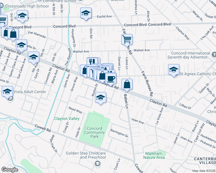 map of restaurants, bars, coffee shops, grocery stores, and more near 3531 Clayton Road in Concord