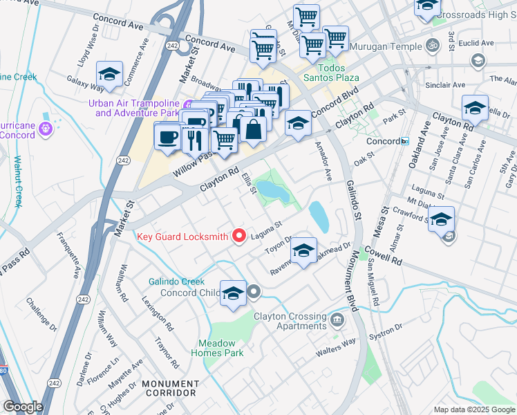map of restaurants, bars, coffee shops, grocery stores, and more near 1731 Ellis Street in Concord