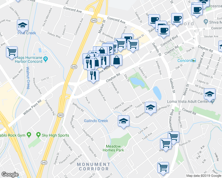 map of restaurants, bars, coffee shops, grocery stores, and more near 1682 Clayton Road in Concord