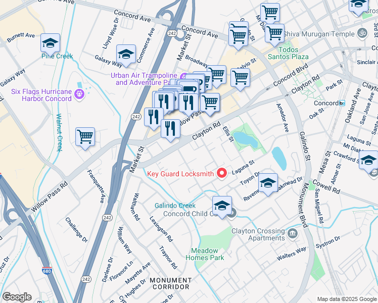 map of restaurants, bars, coffee shops, grocery stores, and more near 1682 Clayton Road in Concord