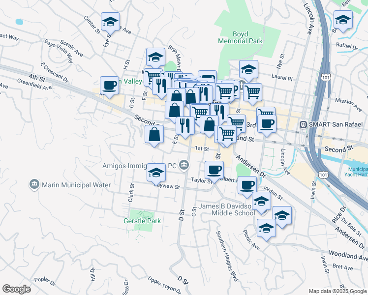 map of restaurants, bars, coffee shops, grocery stores, and more near 700 E Street in San Rafael
