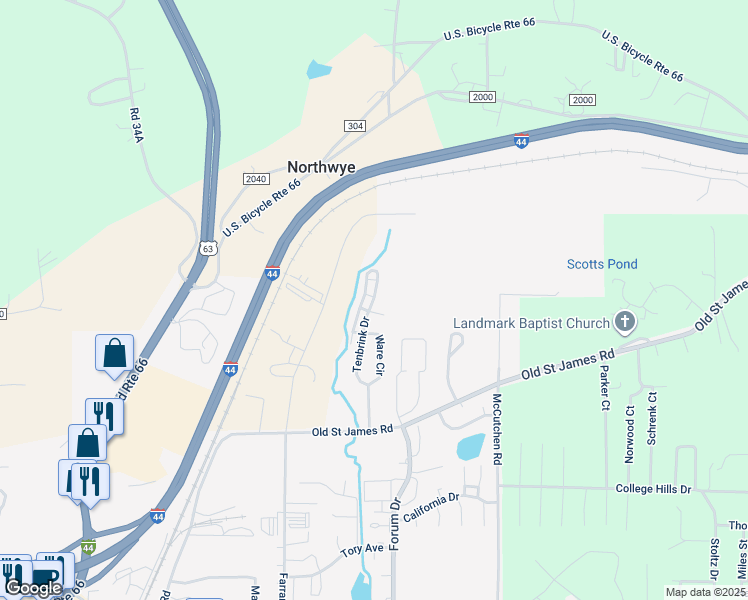 map of restaurants, bars, coffee shops, grocery stores, and more near 2231 Tenbrink Drive in Rolla