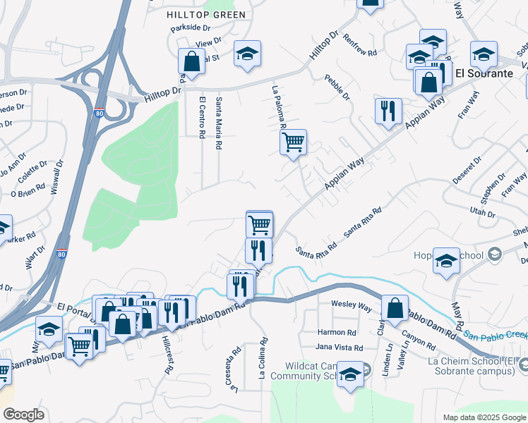 map of restaurants, bars, coffee shops, grocery stores, and more near 4247 Fariss Lane in El Sobrante