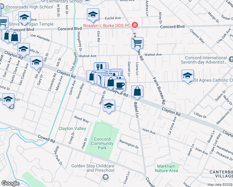 map of restaurants, bars, coffee shops, grocery stores, and more near 3506 Clayton Road in Concord