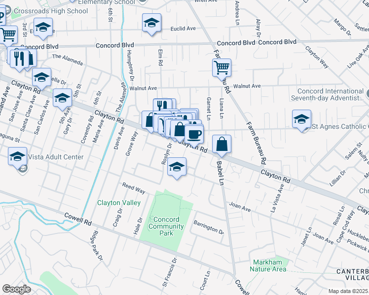 map of restaurants, bars, coffee shops, grocery stores, and more near 3478 Clayton Road in Concord