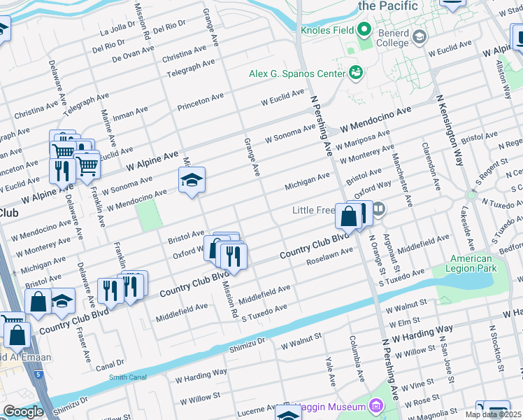 map of restaurants, bars, coffee shops, grocery stores, and more near 1715 Bristol Avenue in Stockton