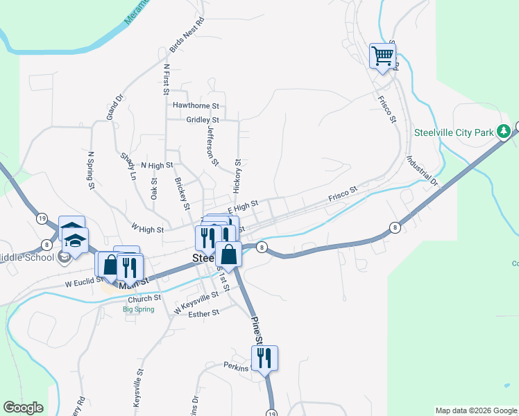 map of restaurants, bars, coffee shops, grocery stores, and more near 405 East High Street in Steelville