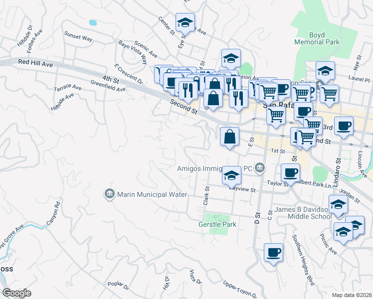 map of restaurants, bars, coffee shops, grocery stores, and more near 4 Miramar Avenue in San Rafael