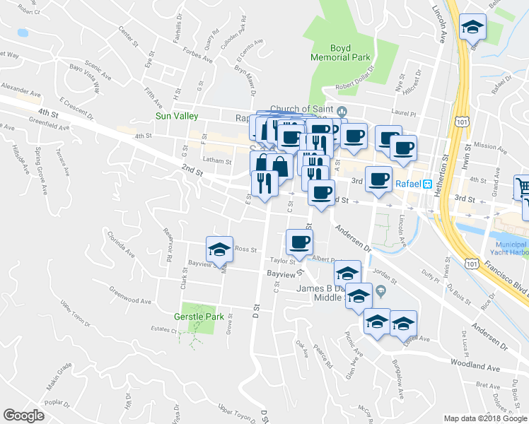 map of restaurants, bars, coffee shops, grocery stores, and more near 712 D Street in San Rafael