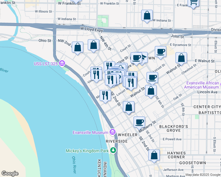 map of restaurants, bars, coffee shops, grocery stores, and more near 202 Main Street in Evansville