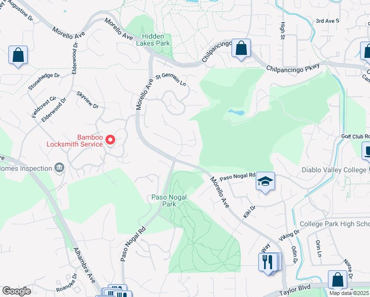 map of restaurants, bars, coffee shops, grocery stores, and more near 1796 Douglas Terrace in Pleasant Hill