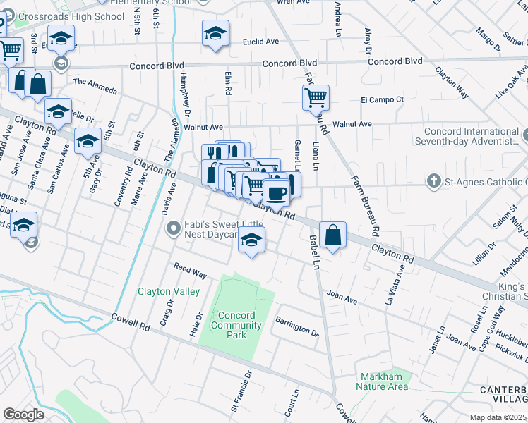 map of restaurants, bars, coffee shops, grocery stores, and more near 3506 Clayton Road in Concord