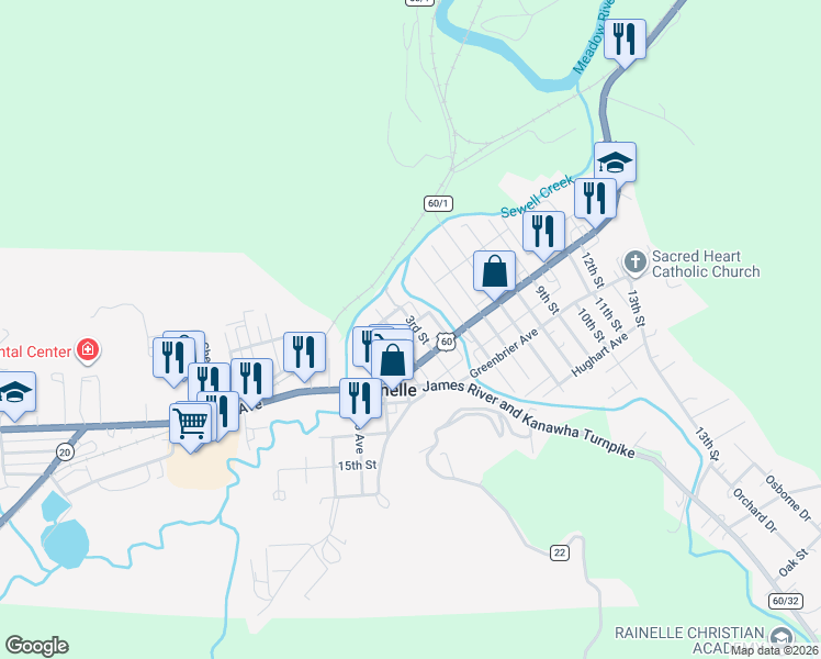 map of restaurants, bars, coffee shops, grocery stores, and more near 278 3rd Street in Rainelle