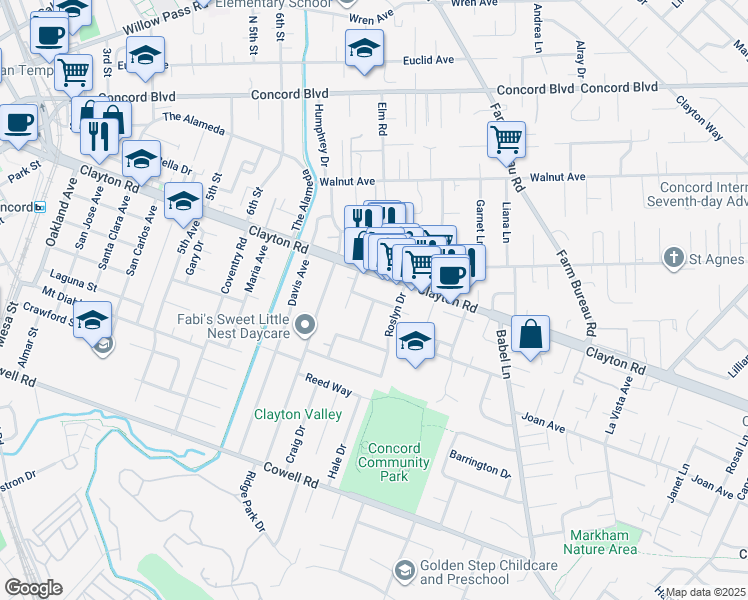 map of restaurants, bars, coffee shops, grocery stores, and more near 3407 Del Chiaro Way in Concord