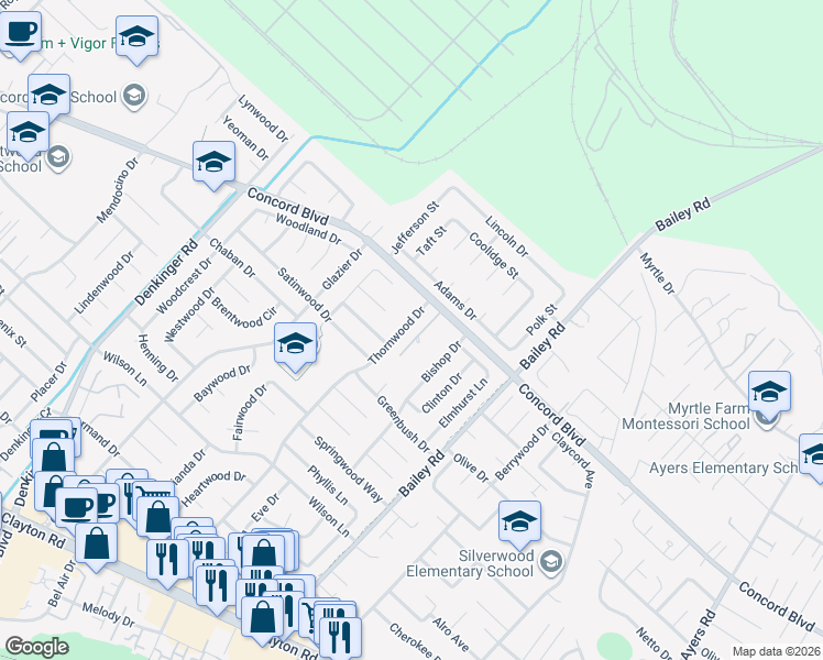 map of restaurants, bars, coffee shops, grocery stores, and more near 1783 Thornwood Drive in Concord