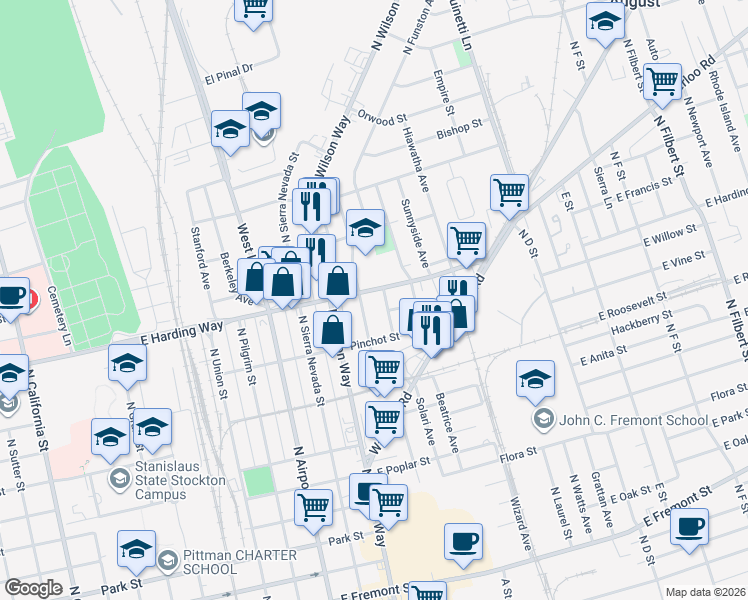 map of restaurants, bars, coffee shops, grocery stores, and more near in Stockton