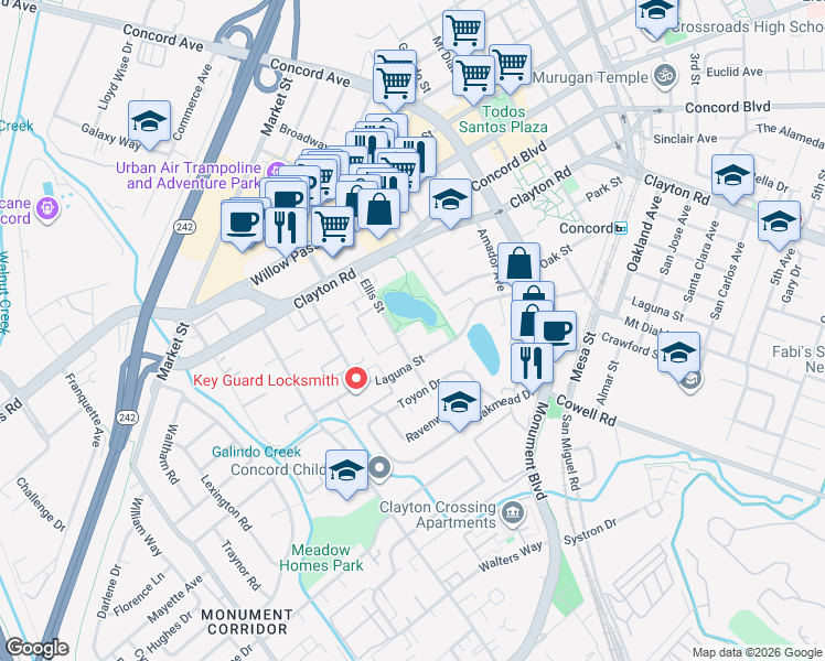 map of restaurants, bars, coffee shops, grocery stores, and more near 1530 Ellis Street in Concord