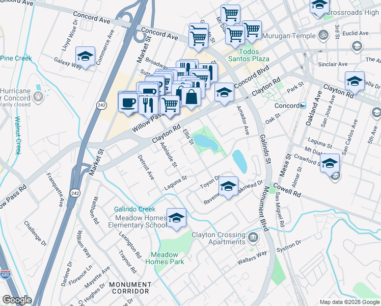 map of restaurants, bars, coffee shops, grocery stores, and more near 1731 Ellis Street in Concord