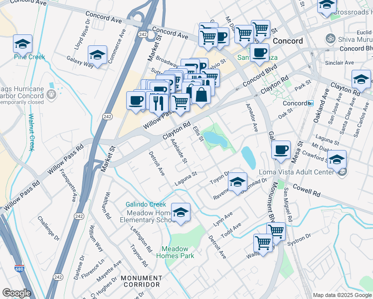 map of restaurants, bars, coffee shops, grocery stores, and more near 1730 Adelaide Street in Concord