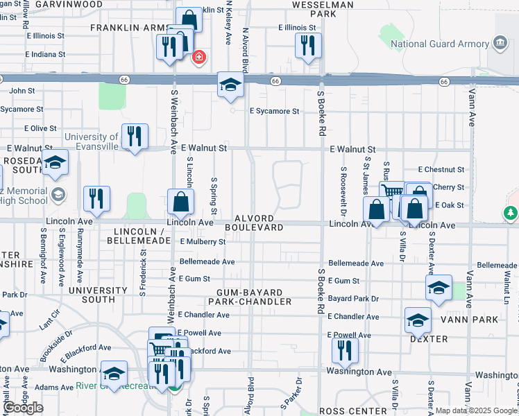 map of restaurants, bars, coffee shops, grocery stores, and more near 17 Johnson Pl in Evansville