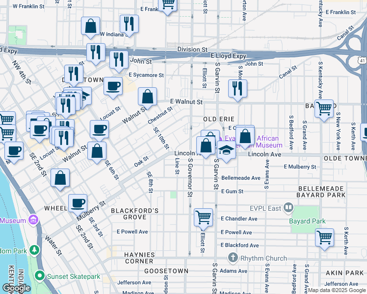 map of restaurants, bars, coffee shops, grocery stores, and more near 343 Canal Street in Evansville