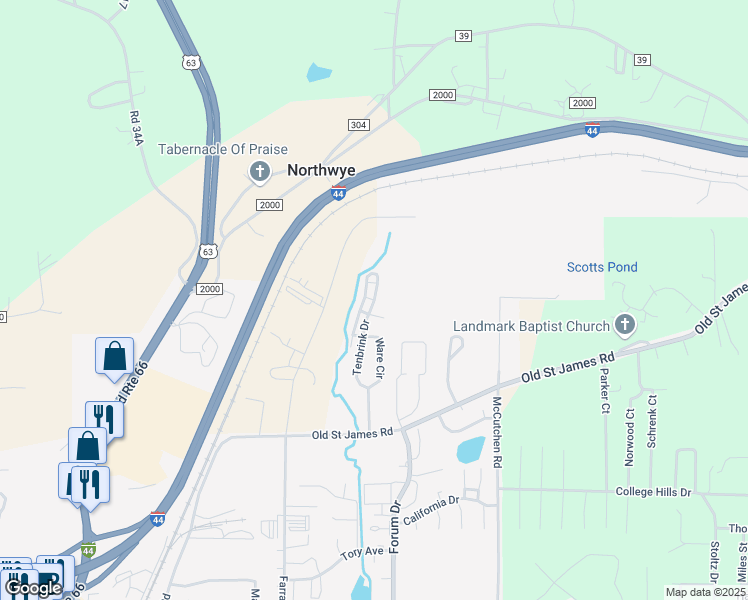 map of restaurants, bars, coffee shops, grocery stores, and more near 2231 Tenbrink Drive in Rolla