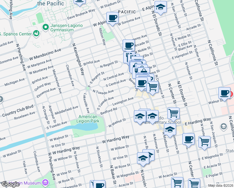 map of restaurants, bars, coffee shops, grocery stores, and more near 2226 Allston Way in Stockton