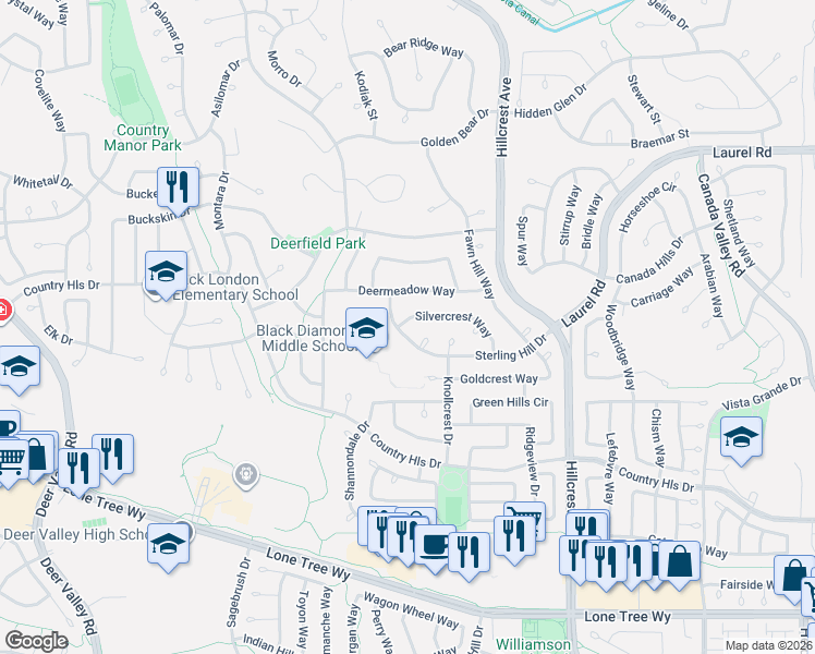 map of restaurants, bars, coffee shops, grocery stores, and more near 4709 Sterling Hill Drive in Antioch
