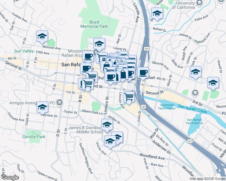 map of restaurants, bars, coffee shops, grocery stores, and more near 790 Lindaro Street in San Rafael