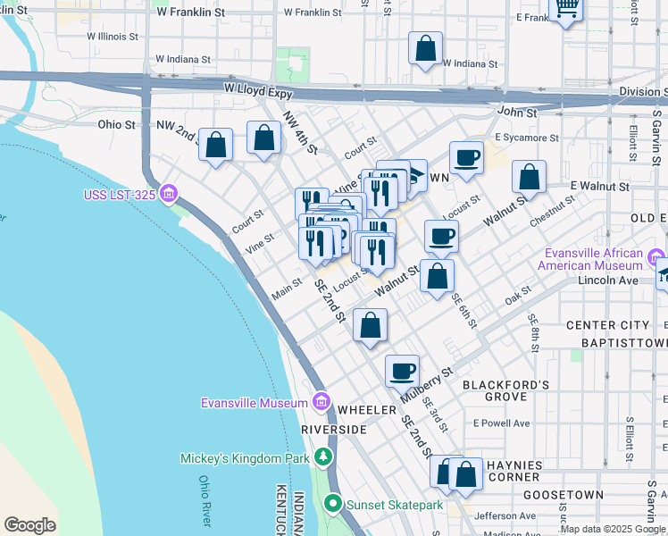 map of restaurants, bars, coffee shops, grocery stores, and more near 223 Main Street in Evansville