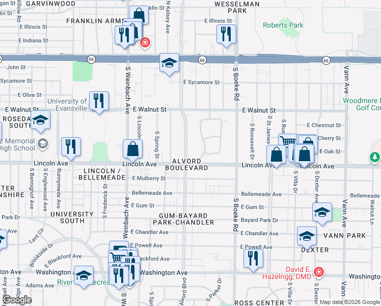 map of restaurants, bars, coffee shops, grocery stores, and more near 17 Johnson Pl in Evansville
